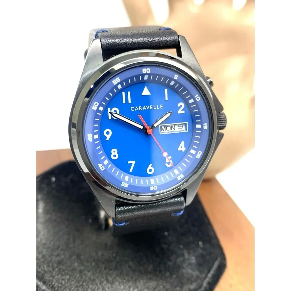 Caravelle by Bulova Men's Watch 45C118 Quartz Blue Dial Black Leather Band 40mm
